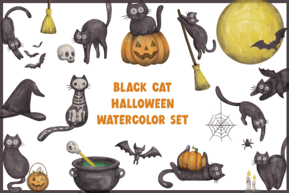 Black Cat Halloween Watercolor Set for Kits Amp