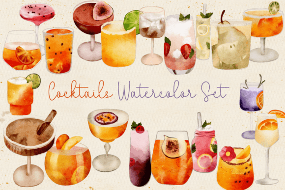 Cocktails Watercolor Set for Happy Hour Branding