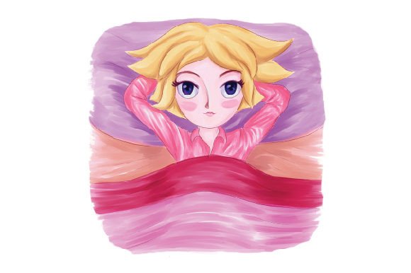 Family Watercolor Art: Blonde Girl on Bed