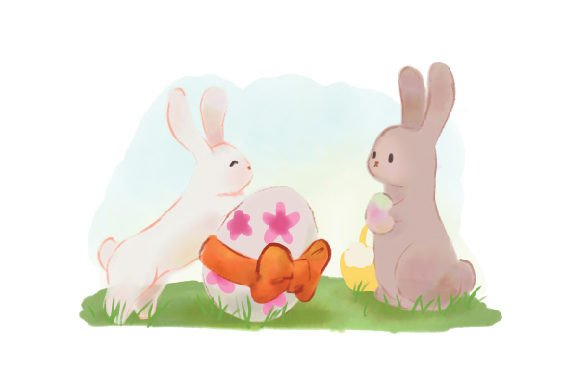 Two Bunnies Gifting Eggs Watercolor for Easter Sales