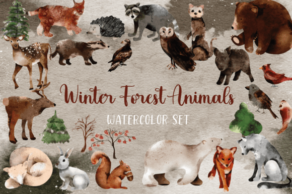 Winter Forest Animals Watercolor Set for Kits Amp Branding